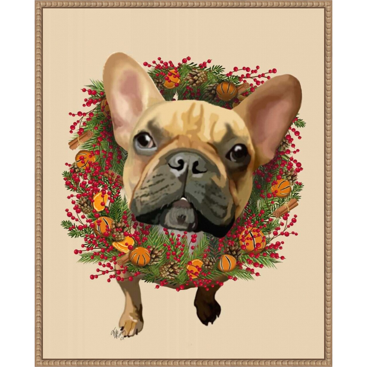 French Bulldog Cranberry Wreath by Fab Funky 23-in. W x 28-in. H. Canvas Wall Art Print Framed